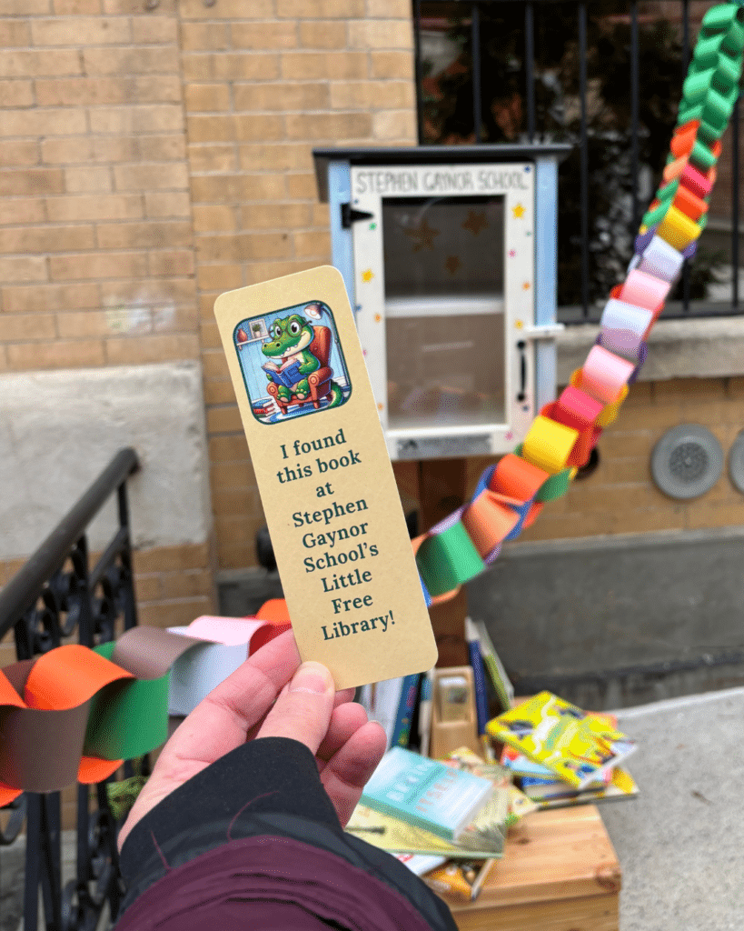 A bookmark celebrating the opening of Gaynor's Little Free Library